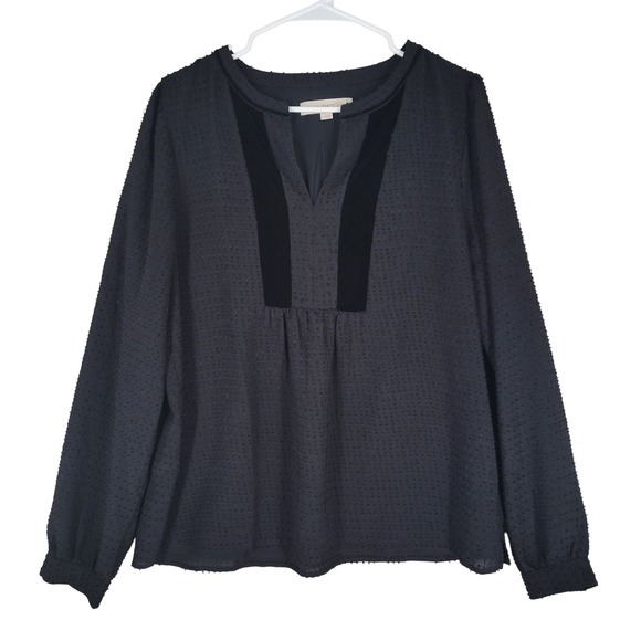 LOFT Tops - LOFT Blouse Women Large Black Clip Dot Velvet Trim Split Neck Long Sleeve Top